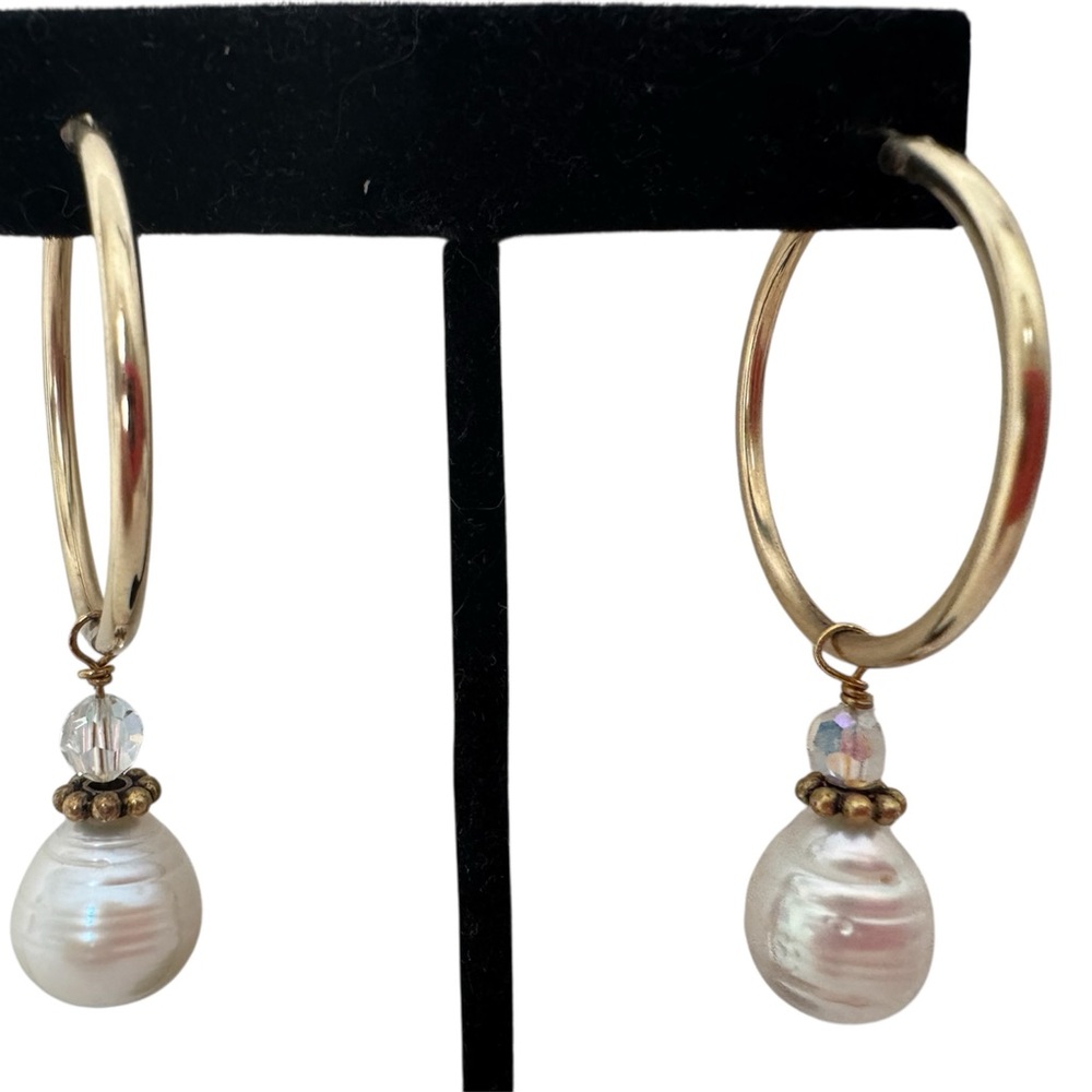 Sundance 14k Gold Large Hoop Earrings with Genuine Baroque Pearl Drops NEW